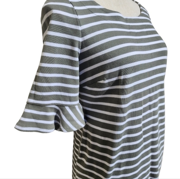 Talbots Knit Dress Olive Green White Stripes Ruffle Sleeve Business Casual - Picture 2 of 6